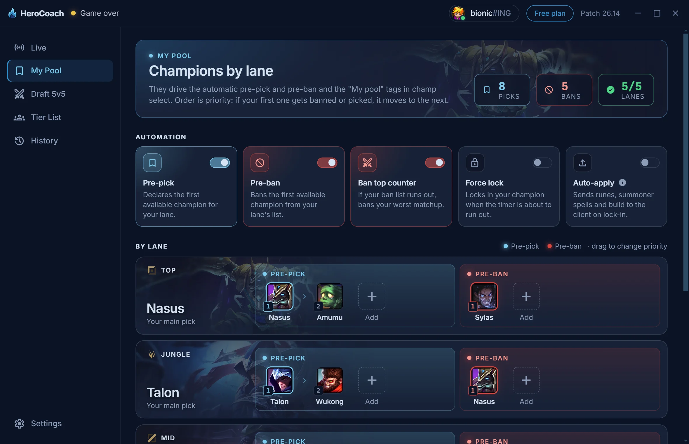 My Pool view: pre-pick and pre-ban per lane