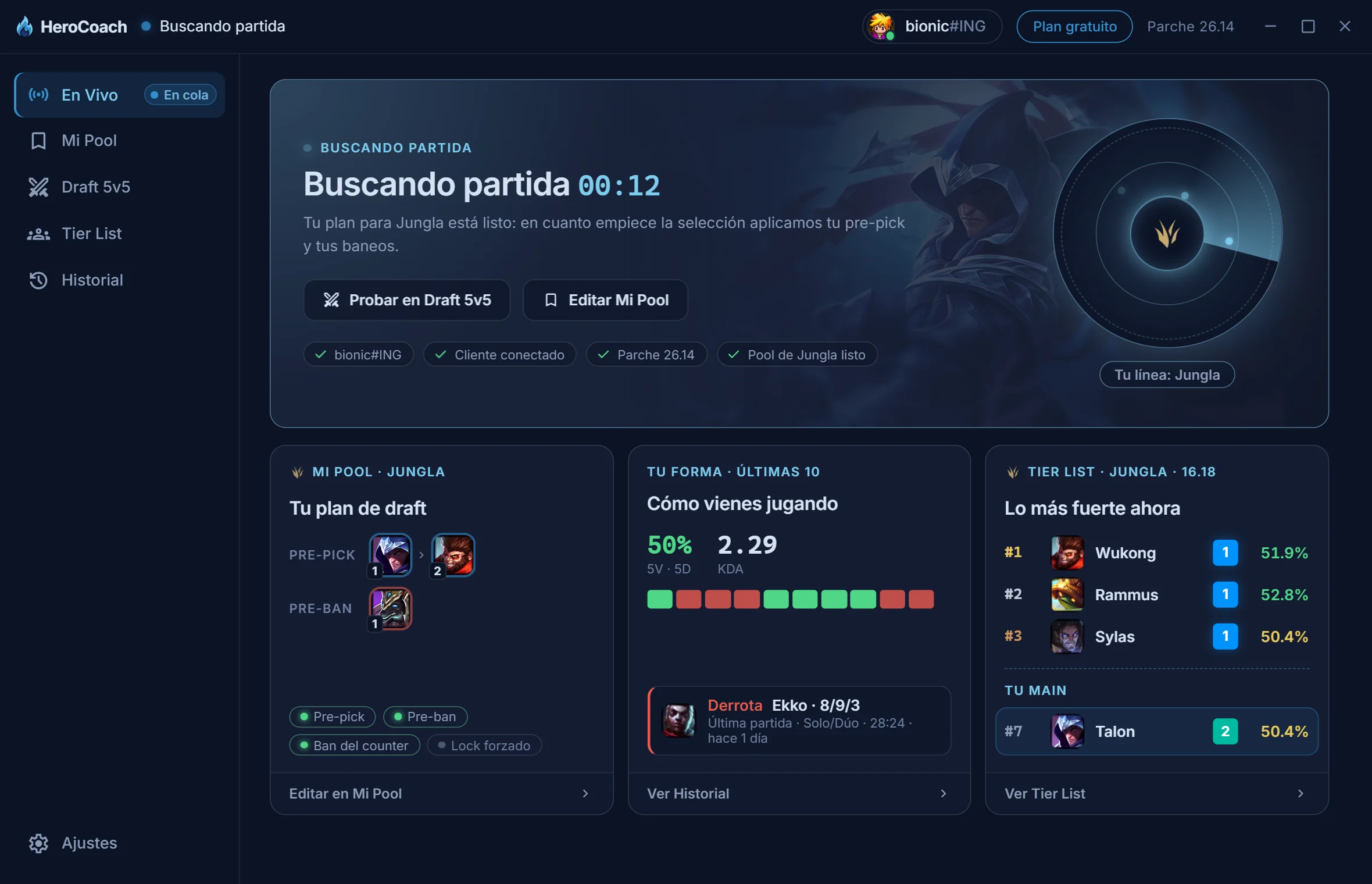 HeroCoach en cola: pre-pick, pre-ban y campeones fuertes del parche