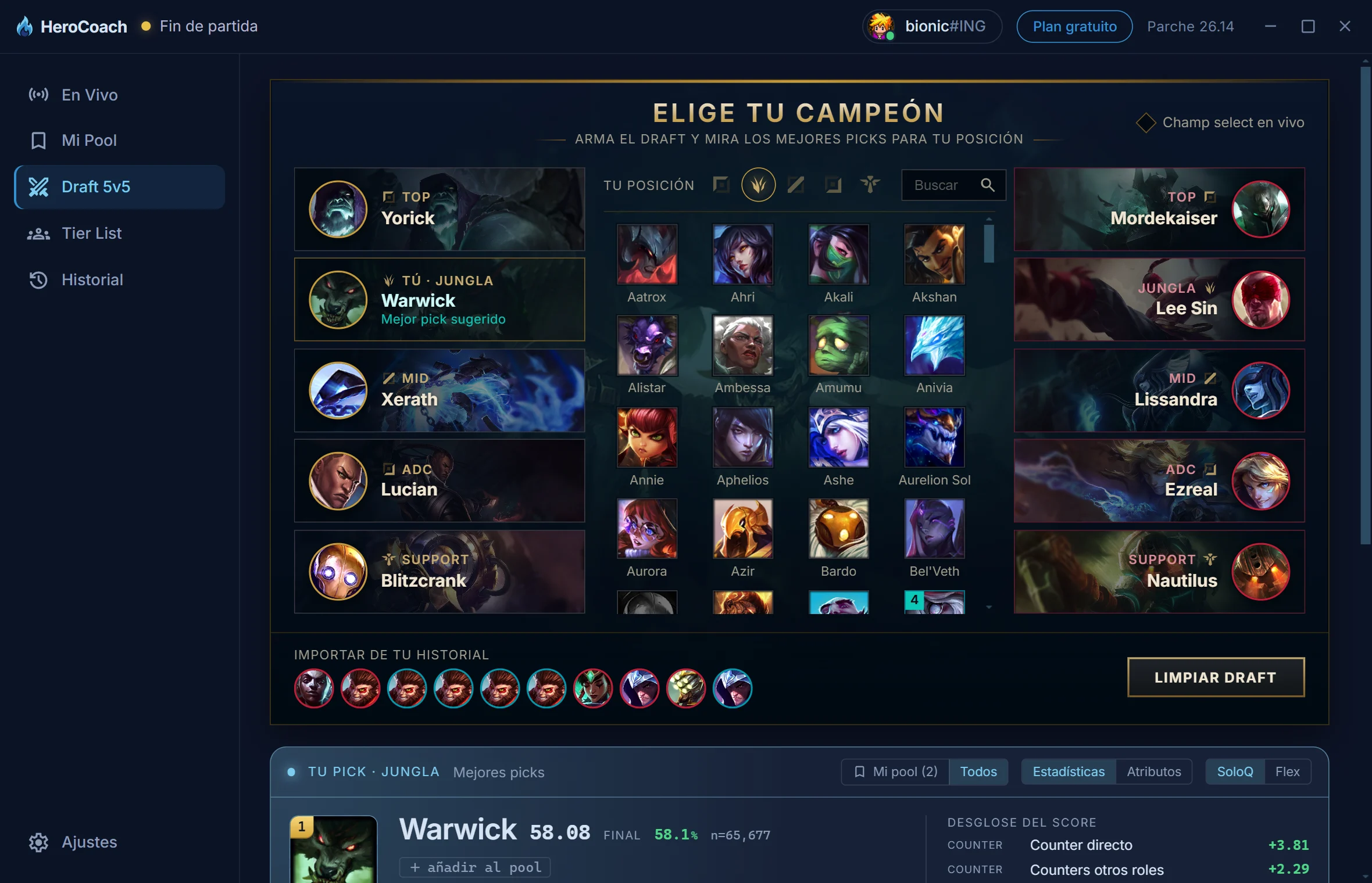 Vista Draft 5v5: simulador de draft