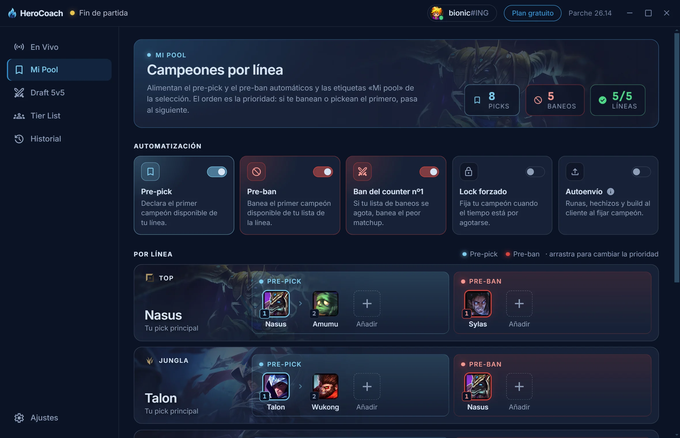 Vista Mi Pool: pre-pick y pre-ban por línea