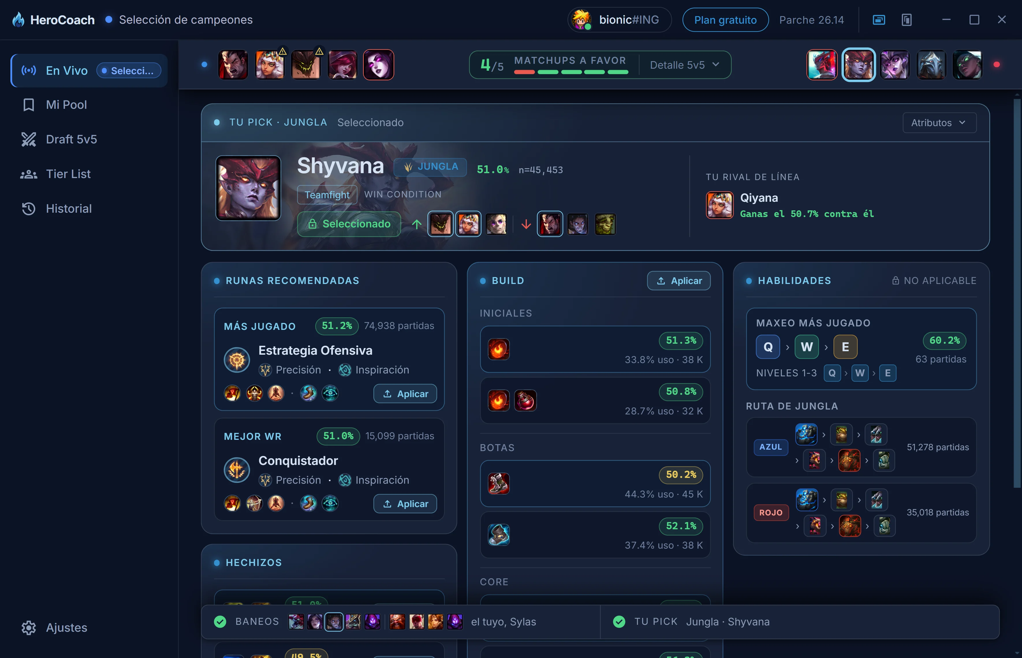 HeroCoach tras elegir campeón: runas, hechizos, build y ruta de jungla